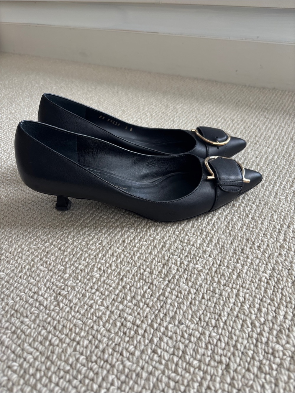 Salvatore Ferragamo Black Pointed Leather Flats with Gold Circular Buckle Accent - Picture 2 of 7